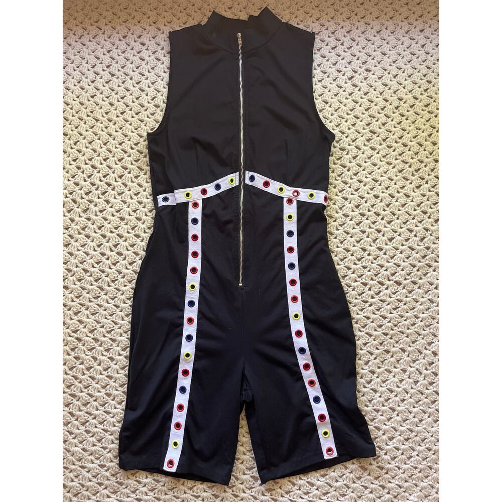 Vintage Y2K Black Zip Front Romper One Piece Shorts Sleeveless Size Medium